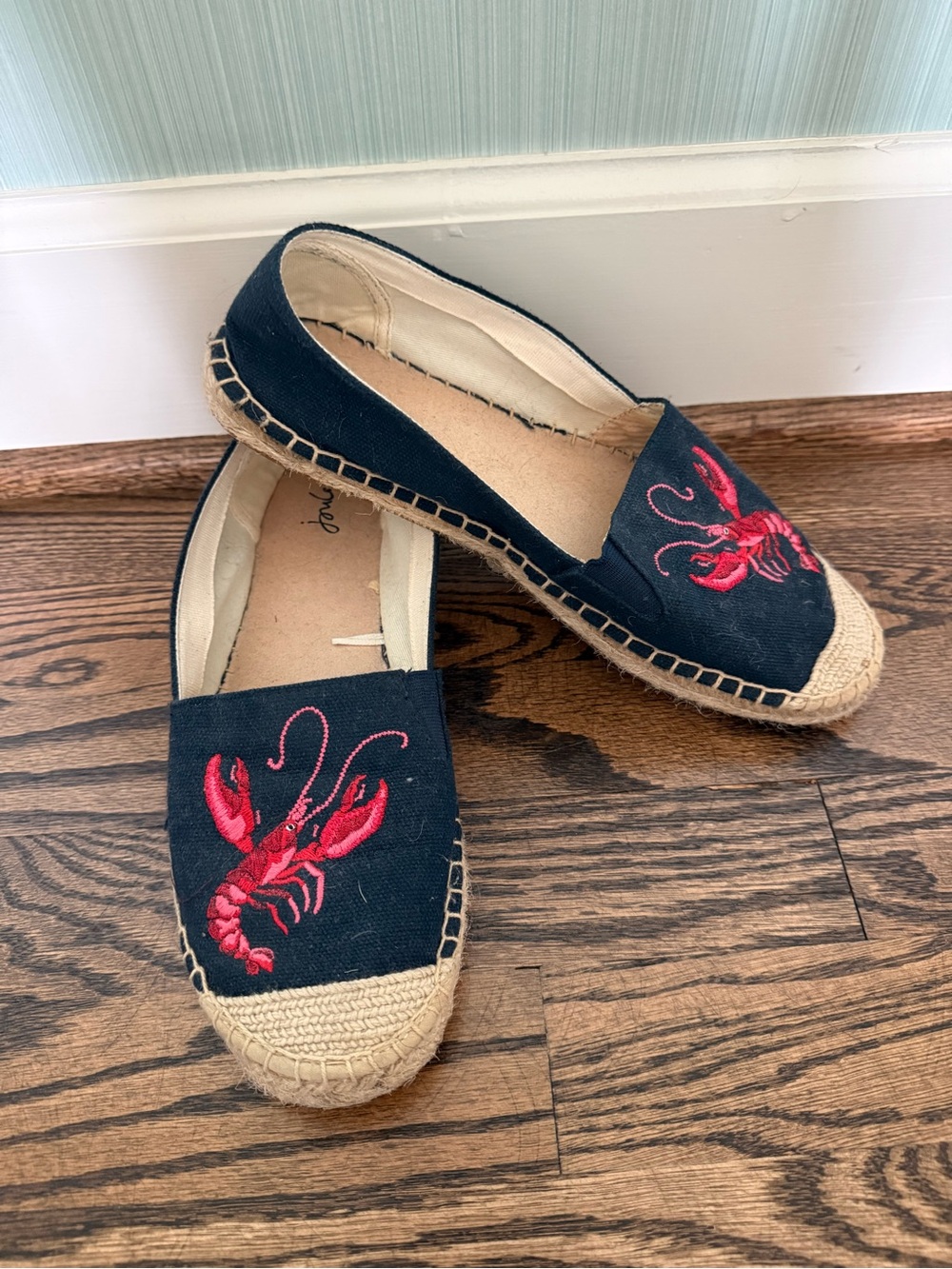 Joules Black Espadrille Flats with Red Lobster Embroidery